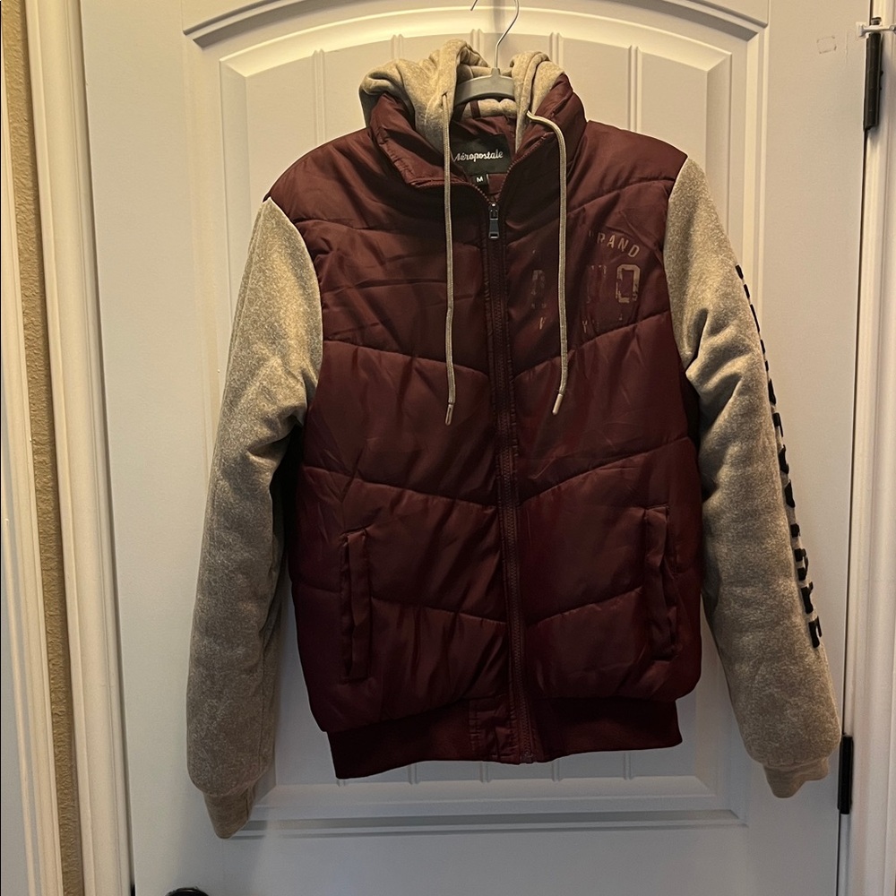 Aeropostale Burgundy and Tan Varsity Sweat Jacket